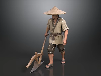Man In Traditional Clothing Wearing Straw Hat And Holding Farm Plow Tool 3d model