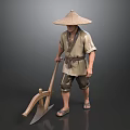 Man In Traditional Clothing Wearing Straw Hat And Holding Farm Plow Tool