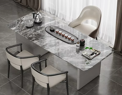 Modern Elegant Tea Table And Chairs With Marble Top And Tea Set Decor 3d model