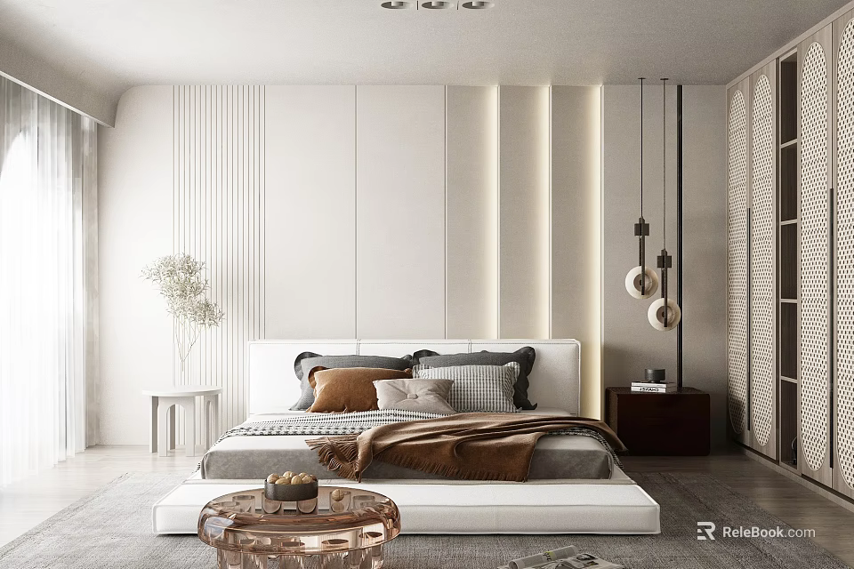 Modern Bedroom Interior Design With White Striped Headboard Pillows Throw Blanket Nightstands And Gray Carpet 3d model 