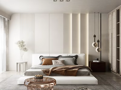 Modern Bedroom Interior Design With White Striped Headboard Pillows Throw Blanket Nightstands And Gray Carpet 3d model