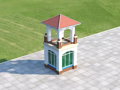 Pergola With Red Roof White Brown Structure Green Windows On Stone Pavement And Green Lawn 3d model