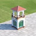 Pergola With Red Roof White Brown Structure Green Windows On Stone Pavement And Green Lawn