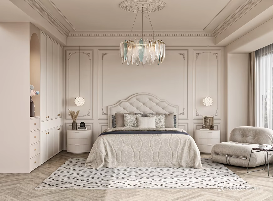 Sophisticated Luxury Bedroom Interior With Tufted Headboard Crystal Chandelier Herringbone Rug Nightstands And Accent Chair 3d model 
