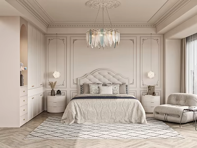 Sophisticated Luxury Bedroom Interior With Tufted Headboard Crystal Chandelier Herringbone Rug Nightstands And Accent Chair 3d model