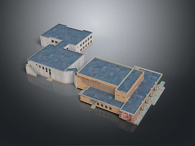 Modern Industrial Factory Complex Featuring Multiple Buildings Blue Roofs And Combined Architecture 3d model