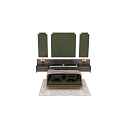 Double Bed With Green Padded Panels Wooden Nightstands Table Lamps Plush Pillows And Linen Bedding