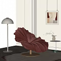 Velvet Red Petal Shaped Accent Chair With Floor Lamp Side Table And Abstract Art