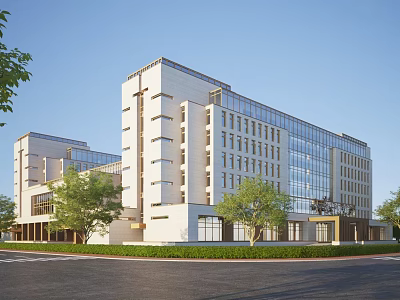 Modern Office Building Exterior With Glass Curtain Walls And Landscaped Trees 3d model