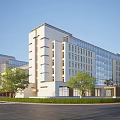 Modern Office Building Exterior With Glass Curtain Walls And Landscaped Trees