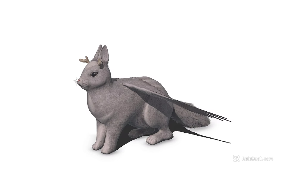 Gray Horned Winged Fantasy Creature With Rabbit Like Ears In Sitting Pose 3d model 