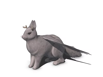 Gray Horned Winged Fantasy Creature With Rabbit Like Ears In Sitting Pose 3d model
