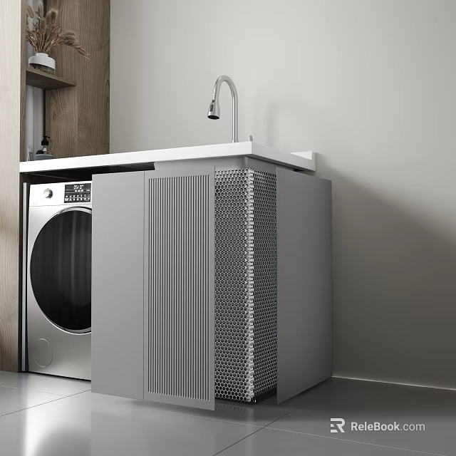 Modern Home Balcony Laundry Design With Washing Machine Countertop Faucet And Cabinets 3d model 