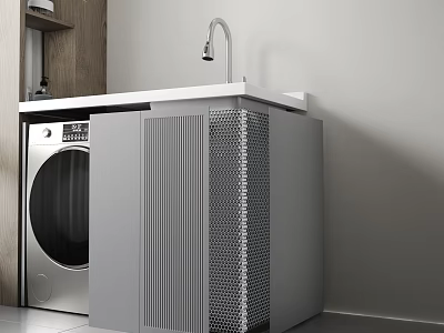 Modern Home Balcony Laundry Design With Washing Machine Countertop Faucet And Cabinets 3d model