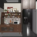 Wooden Sideboard with Glass Doors Drawers and Shelves Holding Jars Plants Microwave Near Refrigerator