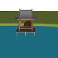 Chinese Style Pavilion on Water Surface With Lotus Flowers and Two People Reflection