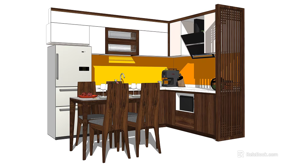 Modern Kitchen With Wooden Cabinets Yellow Backsplash Dining Table And Appliances 3d model 