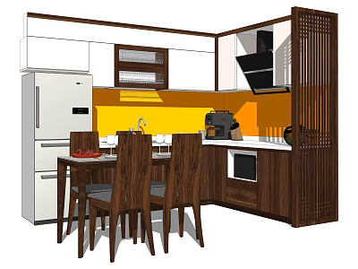 Modern Kitchen With Wooden Cabinets Yellow Backsplash Dining Table And Appliances 3d model