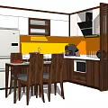 Modern Kitchen With Wooden Cabinets Yellow Backsplash Dining Table And Appliances