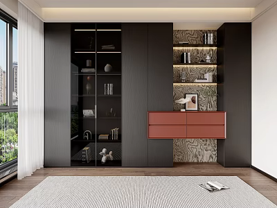 Modern Bookcase Interior Design With Glass Doors Decorative Items And Red Drawer Cabinet 3d model