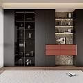 Modern Bookcase Interior Design With Glass Doors Decorative Items And Red Drawer Cabinet