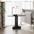 Modern Round Side Table with Black Frame Marble Top and Table Lamp in Living Room