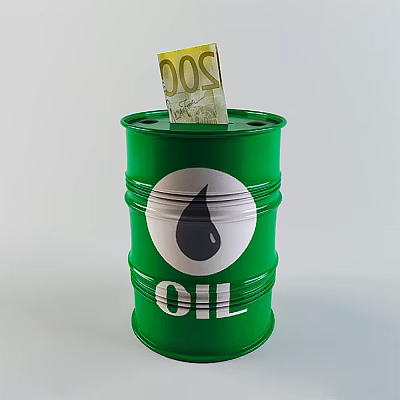 Green Oil Barrel With Oil Drop Symbol And 200 Euro Banknote As Daily Household Item 3d model