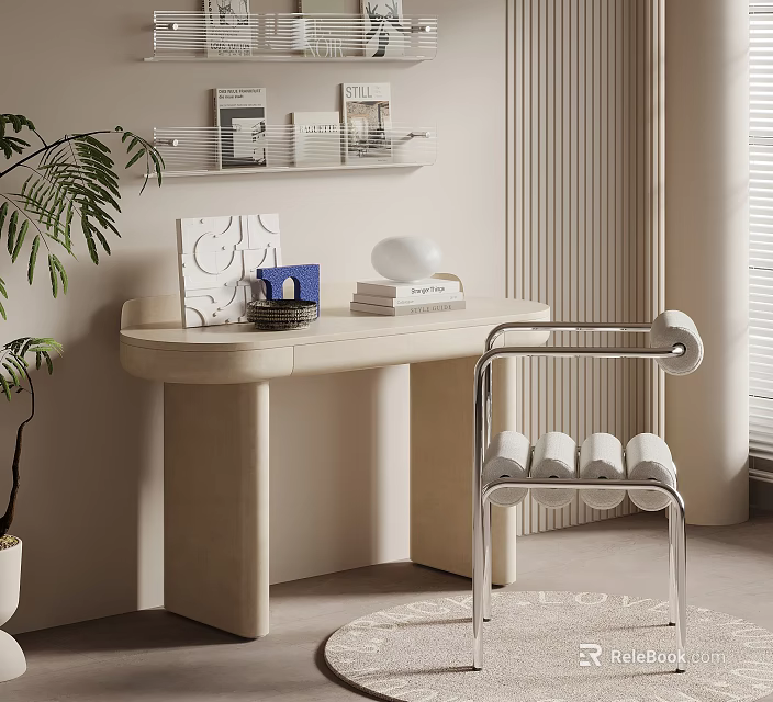 Modern Minimalist Desk With Wall Shelf Stack of Books White Sphere Decor And Green Plant 3d model 
