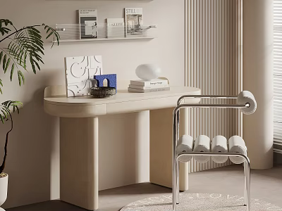 Modern Minimalist Desk With Wall Shelf Stack of Books White Sphere Decor And Green Plant 3d model