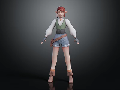 Elf Character 3D Model With Red Hair Pointed Ears Green Vest White Sleeves Blue Shorts 3d model