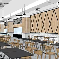 Modern Restaurant Interior With Wooden Wall Panels Dining Tables And Pendant Lights
