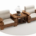 Wooden Frame Single Seater Sofas With Beige Cushions And Side Table Lamp 3d model
