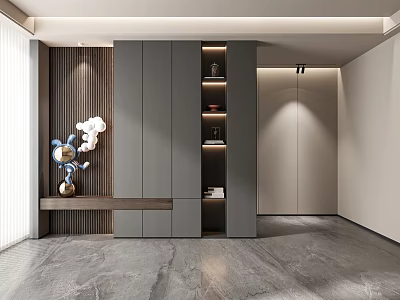 Modern Entryway Hallway Interior with Gray Storage Cabinet Wooden Panel Decorative Shelves and Marble Flooring 3d model