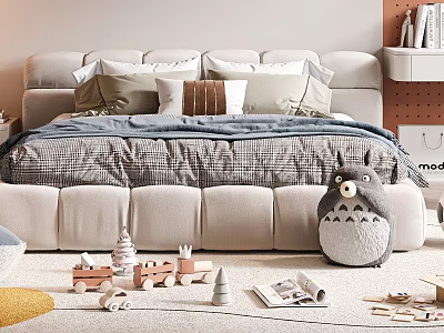 Cozy Children's Bed With Soft Upholstered Frame Stuffed Totoro Toy Wooden Blocks And Storybooks 3d model