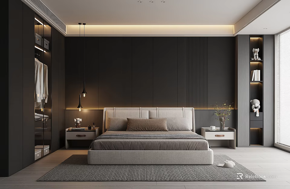 Modern Bedroom Interior With Dark Accent Wall Large Bed Nightstands Open Wardrobe And Pendant Lights 3d model 