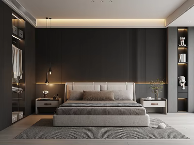 Modern Bedroom Interior With Dark Accent Wall Large Bed Nightstands Open Wardrobe And Pendant Lights 3d model