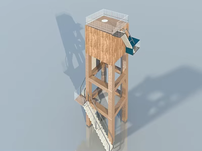 Modern Wooden Swing Door Tower Structure With Staircase And Platform Design 3d model