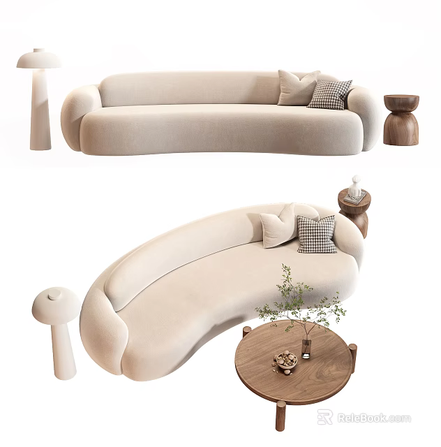 Light Colored Curved Multi Seat Sofa With Cushions Side Table Floor Lamp And Plants 3d model 