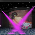 Stylish KTV Room Interior With Starry Ceiling Purple Lighting Large Screen Projection And Colorful Chairs
