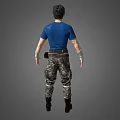 A Stylish Man Wearing Blue T shirt Camouflage Pants Black Boots With Waist Pack And Wristbands
