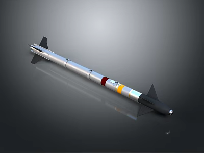 Sleek Silver Missile With Black Tail Fins Red And Yellow Body Sections Military Weapon Design 3d model