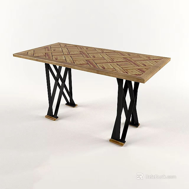 Wooden Dining Table With Woven Pattern And Black Crossed Legs Gold Base 3d model 