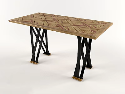 Wooden Dining Table With Woven Pattern And Black Crossed Legs Gold Base 3d model