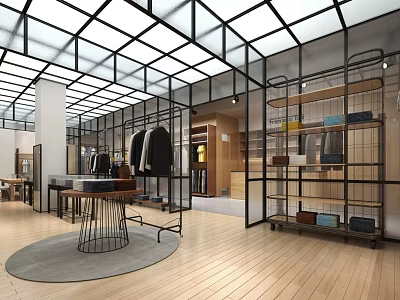 Stylish Modern Clothing Store Interior With Metal Racks Wooden Floors And Open Layout 3d model
