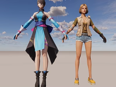 Animated Game Characters With Traditional Blue Black Outfit And Casual Denim Shorts Vest 3d model