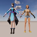Animated Game Characters With Traditional Blue Black Outfit And Casual Denim Shorts Vest