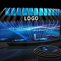 Modern Stage With Person Standing Center Large LED Screen Blue Lights LOGO And Circular Platform