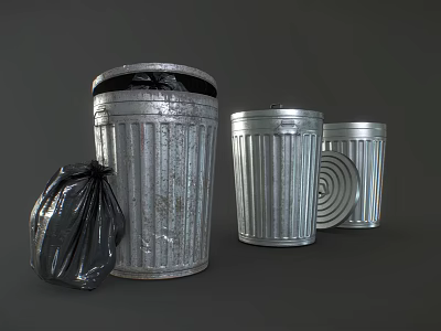 Household Essential Metal Trash Cans With Lids And Black Garbage Bags 3d model