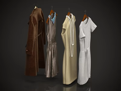 Hanging Clothes Featuring Coats And Dresses With Brown Beige Gray Colors On Hangers 3d model