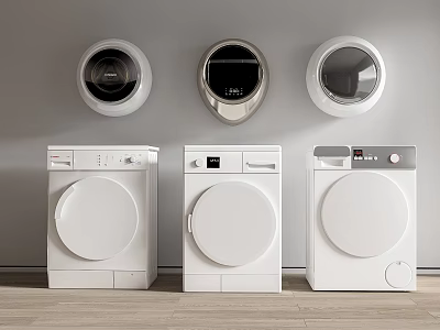 Three White Washing Machines With Wall Mounted Dryers In Modern Laundry Interior Design 3d model